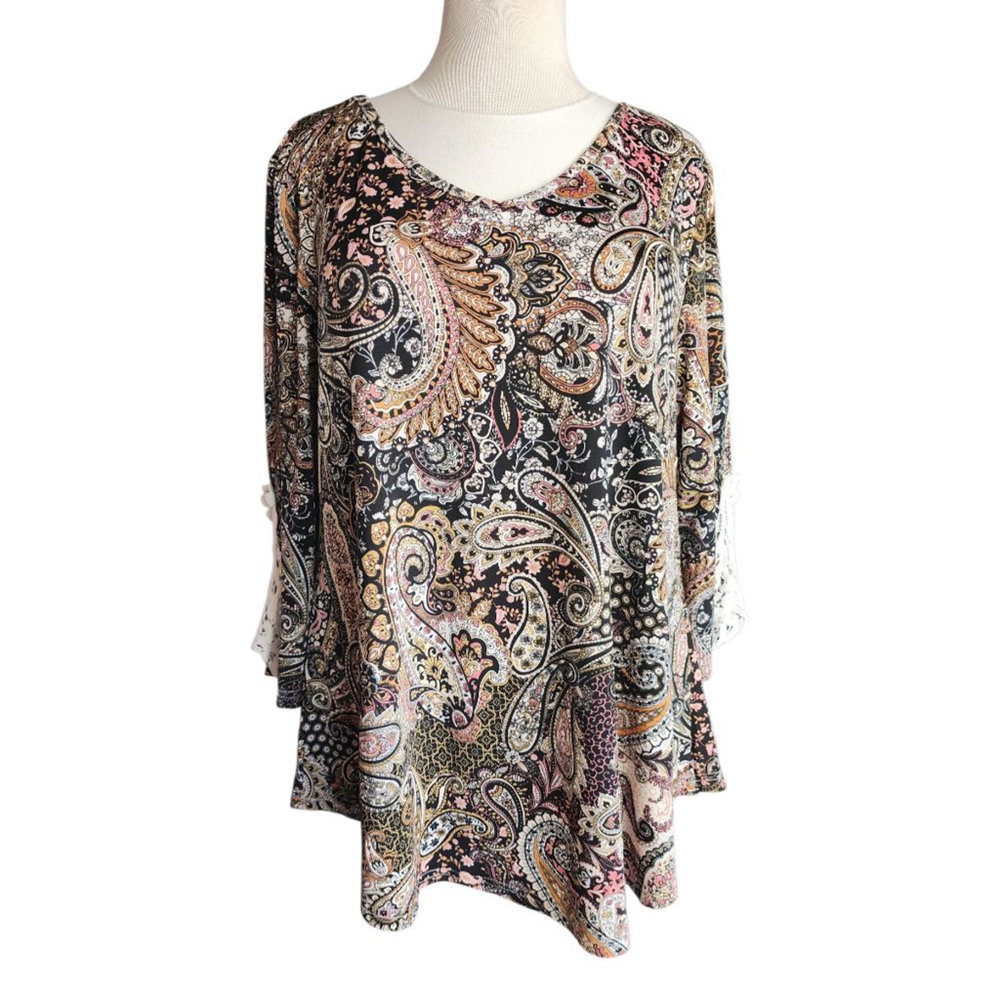 Stem & Vine Paisley Boho Top Womens Plus 1X Black Floral Lace Sleeve Blouse NWT - Picture 2 of 12